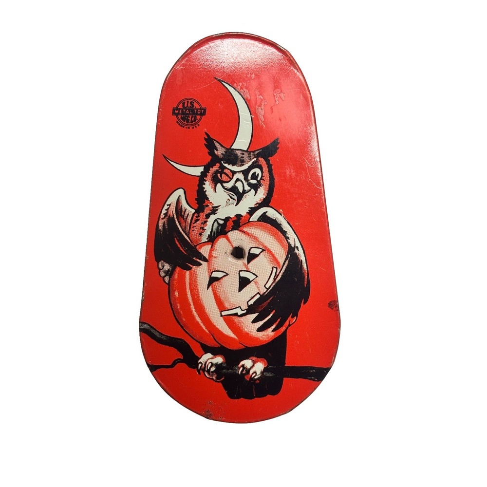 Vintage US Metal Toy Halloween Tin Litho Noisemaker Owl Jack O'Lantern Clicker